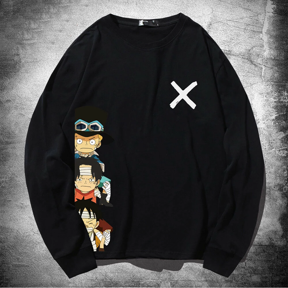 Circumtoy One Piece Cartoon Luffy, Ace And Sabo Crossmark Long-Sleeve Tee 1 Circumtoy One Piece Cartoon Luffy, Ace And Sabo Crossmark Long-Sleeve Tee